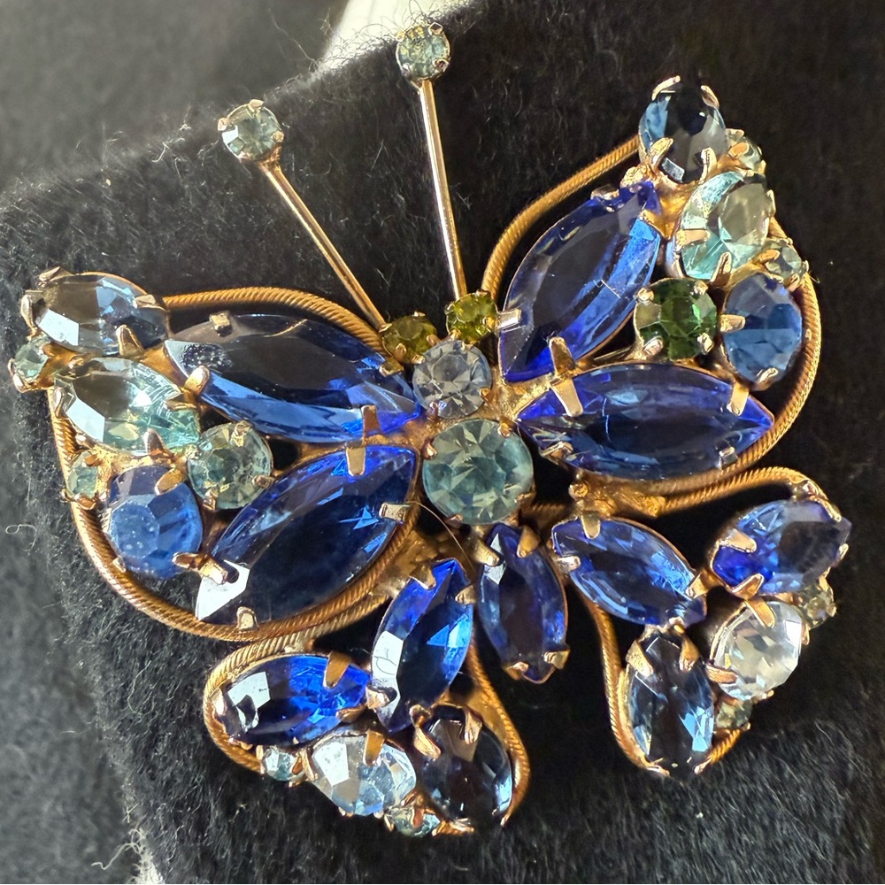 Vintage Blue Gemstone Butterfly Brooch in Gold Tone